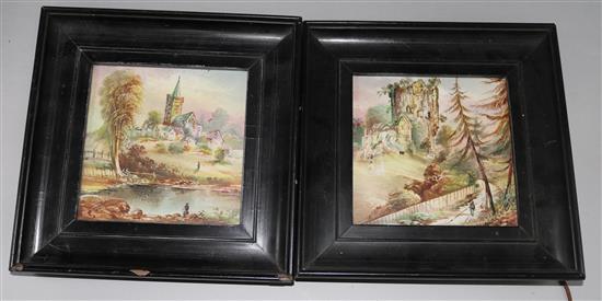 W. Thomas for GW & S Ltd, a pair of porcelain tiles decorated with rural landscapes, signed, framed